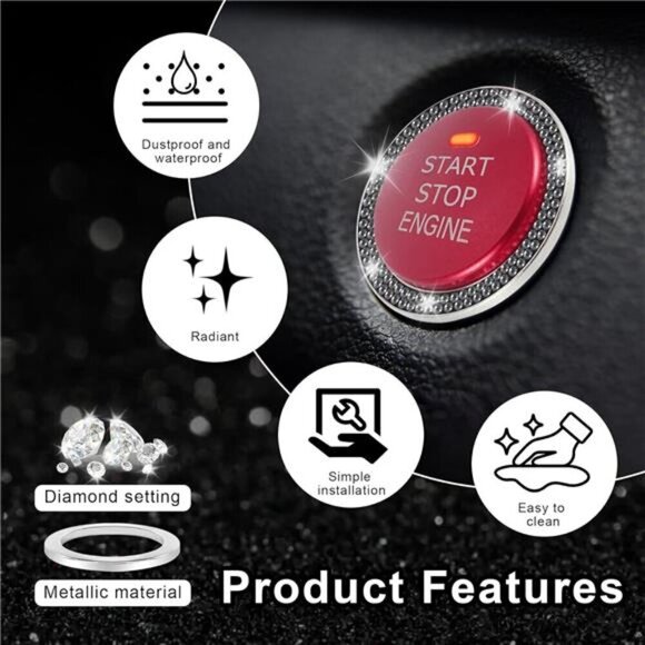 Car Start Button Bling Rhinestone Diamond Button Ring 2-Pack Double Glossy Black - Picture 5 of 7